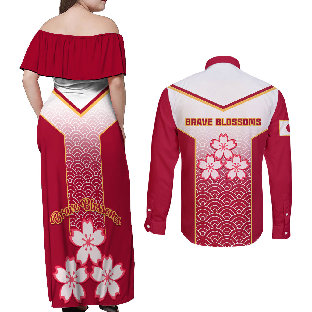 Japan Rugby Couples Matching Off Shoulder Maxi Dress and Long Sleeve Button Shirts Brave Blossoms Japanese Motif Pattern - Wonder Print Shop