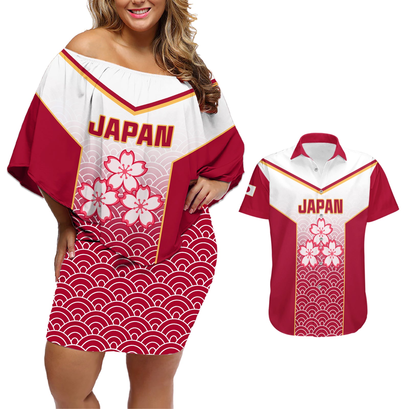 Japan Rugby Couples Matching Off Shoulder Short Dress and Hawaiian Shirt Brave Blossoms Japanese Motif Pattern - Wonder Print Shop