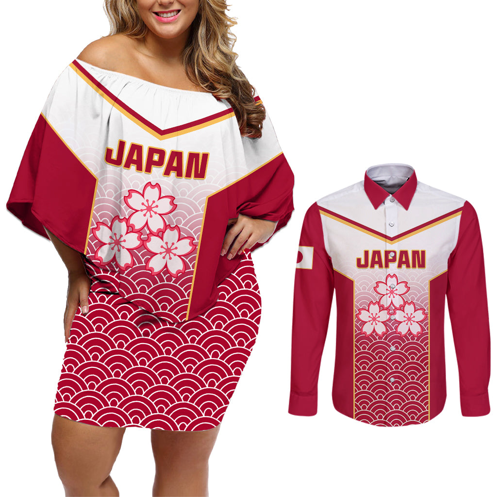 Japan Rugby Couples Matching Off Shoulder Short Dress and Long Sleeve Button Shirts Brave Blossoms Japanese Motif Pattern - Wonder Print Shop