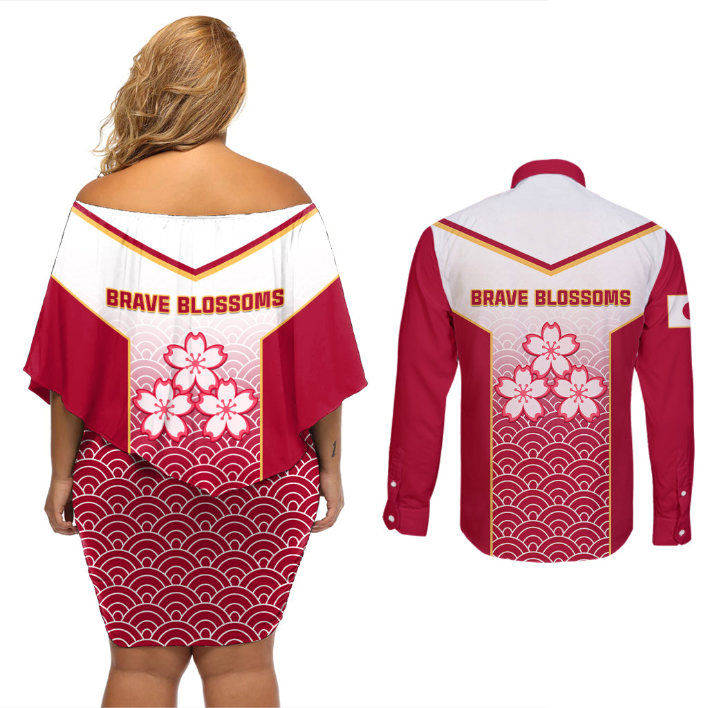 Japan Rugby Couples Matching Off Shoulder Short Dress and Long Sleeve Button Shirts Brave Blossoms Japanese Motif Pattern - Wonder Print Shop