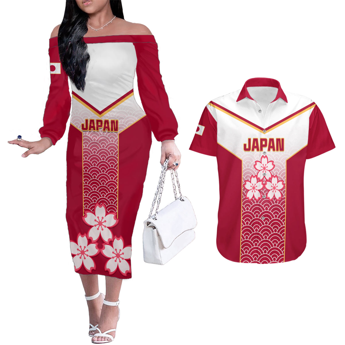 Japan Rugby Couples Matching Off The Shoulder Long Sleeve Dress and Hawaiian Shirt Brave Blossoms Japanese Motif Pattern - Wonder Print Shop