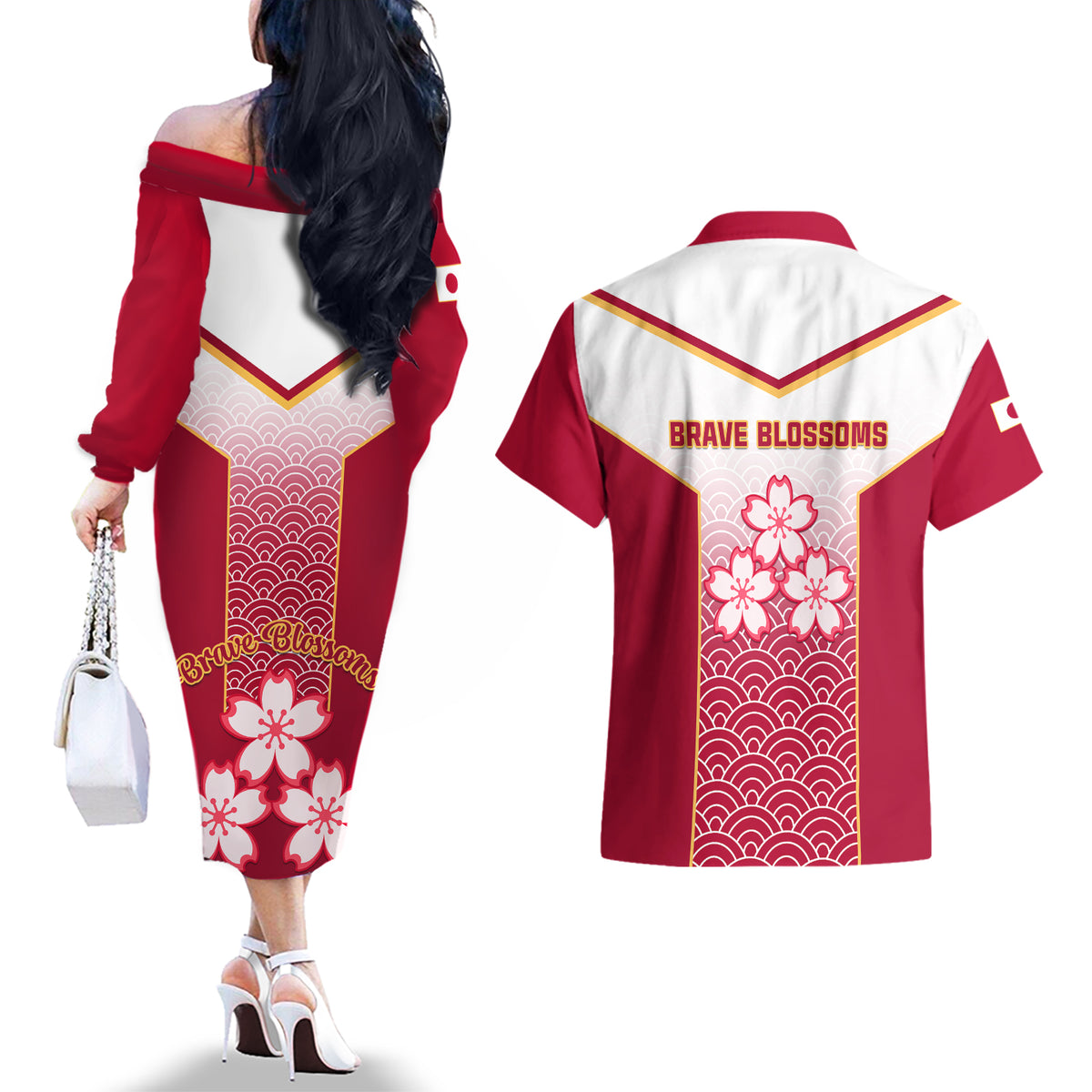 Japan Rugby Couples Matching Off The Shoulder Long Sleeve Dress and Hawaiian Shirt Brave Blossoms Japanese Motif Pattern - Wonder Print Shop