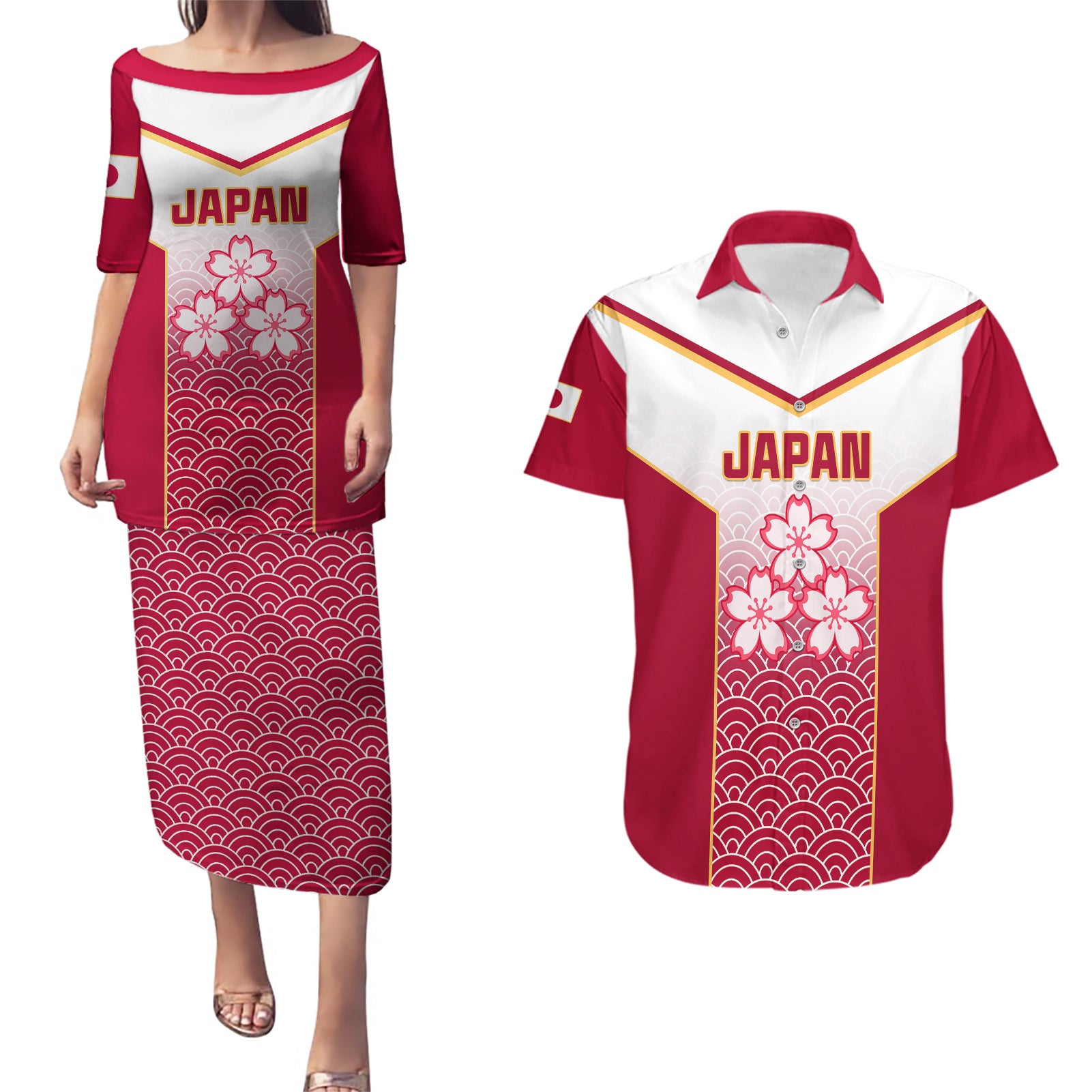 Japan Rugby Couples Matching Puletasi Dress and Hawaiian Shirt Brave Blossoms Japanese Motif Pattern - Wonder Print Shop
