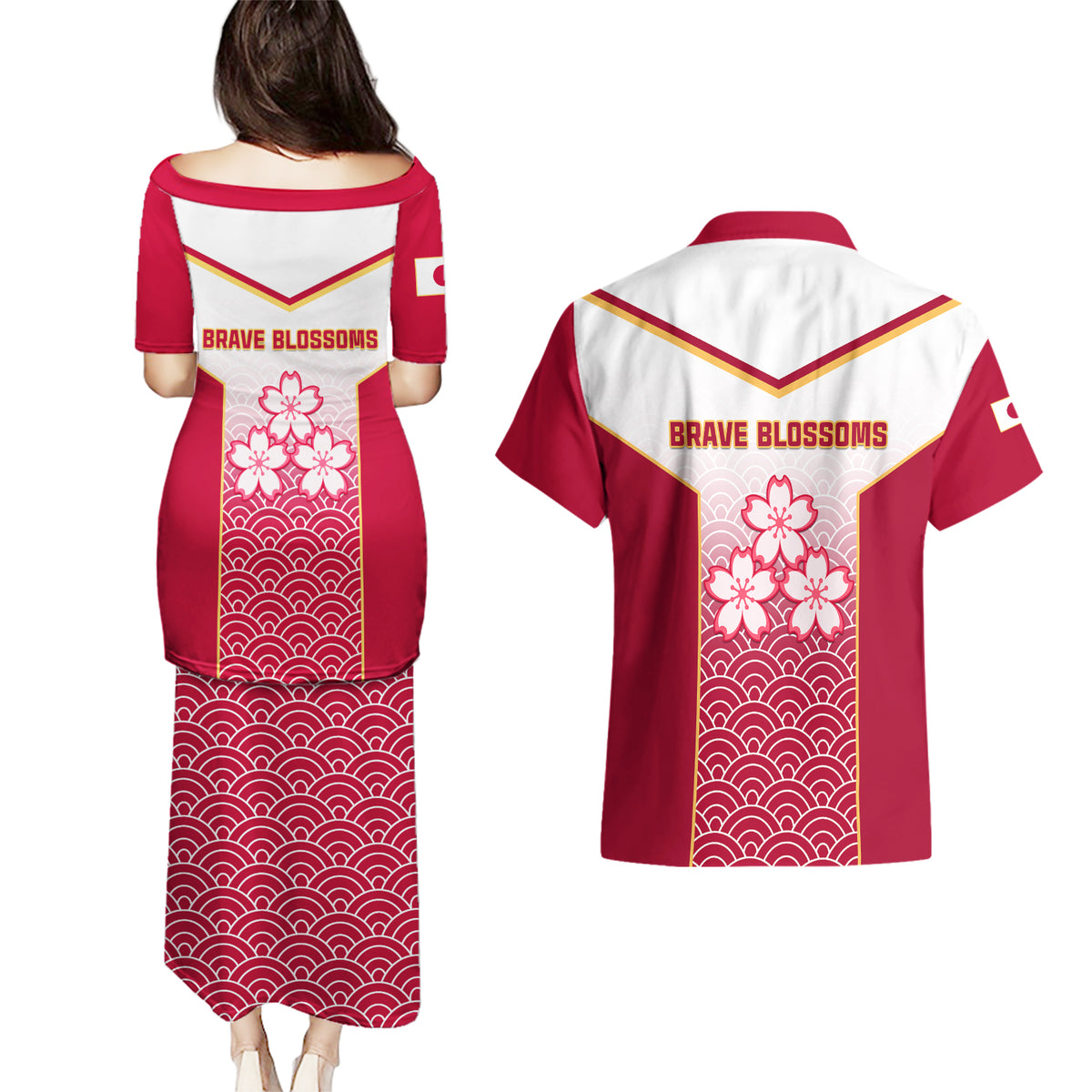 Japan Rugby Couples Matching Puletasi Dress and Hawaiian Shirt Brave Blossoms Japanese Motif Pattern - Wonder Print Shop