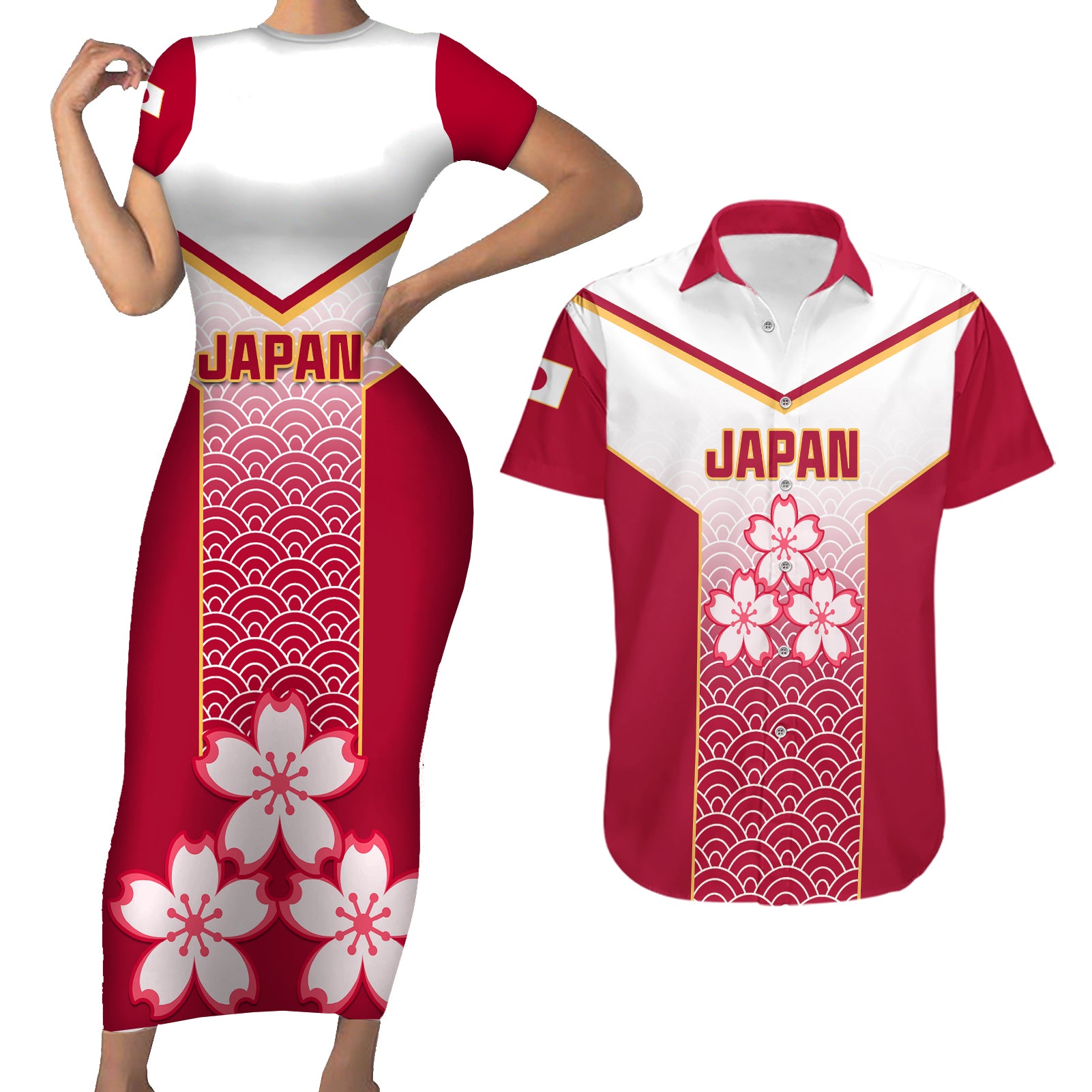Japan Rugby Couples Matching Short Sleeve Bodycon Dress and Hawaiian Shirt Brave Blossoms Japanese Motif Pattern - Wonder Print Shop