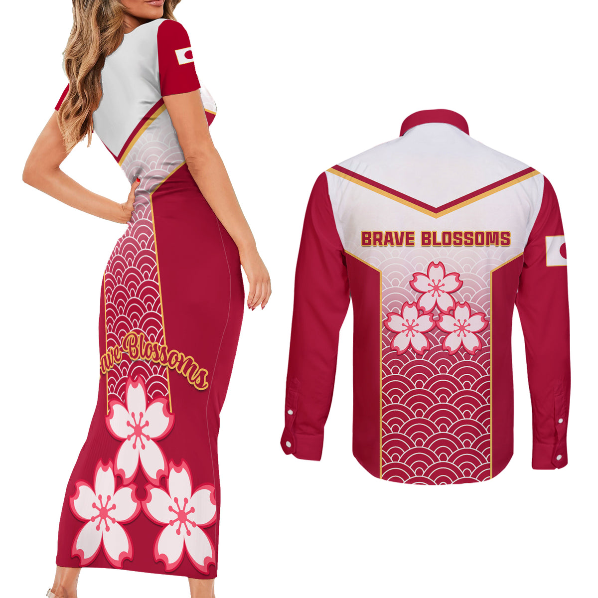 Japan Rugby Couples Matching Short Sleeve Bodycon Dress and Long Sleeve Button Shirts Brave Blossoms Japanese Motif Pattern - Wonder Print Shop