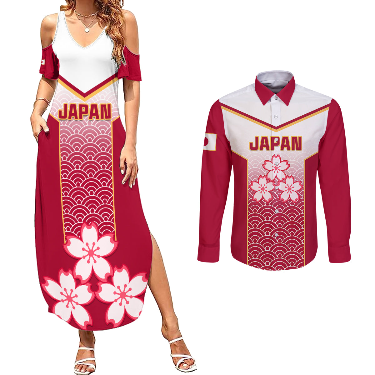 Japan Rugby Couples Matching Summer Maxi Dress and Long Sleeve Button Shirts Brave Blossoms Japanese Motif Pattern - Wonder Print Shop