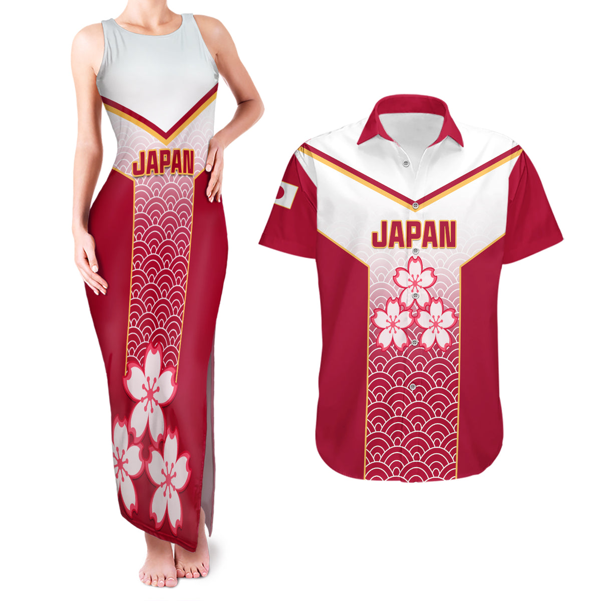 Japan Rugby Couples Matching Tank Maxi Dress and Hawaiian Shirt Brave Blossoms Japanese Motif Pattern - Wonder Print Shop