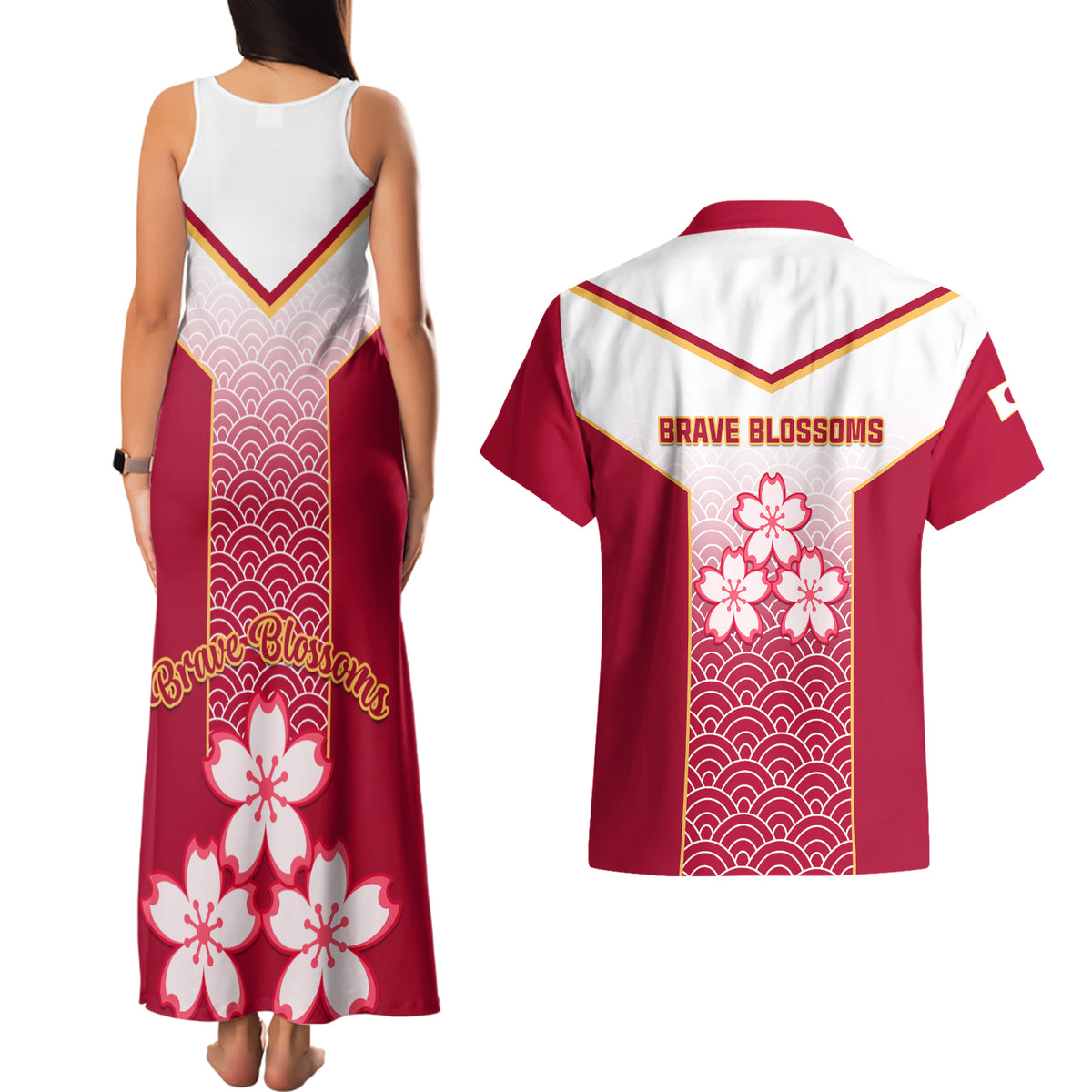 Japan Rugby Couples Matching Tank Maxi Dress and Hawaiian Shirt Brave Blossoms Japanese Motif Pattern - Wonder Print Shop