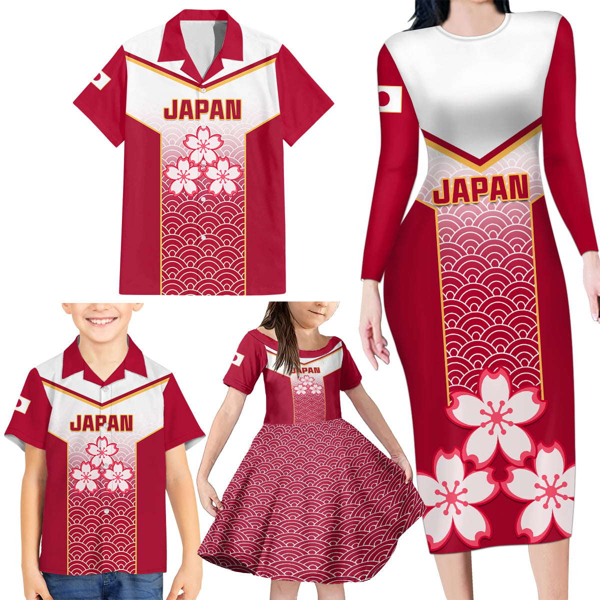 Japan Rugby Family Matching Long Sleeve Bodycon Dress and Hawaiian Shirt Brave Blossoms Japanese Motif Pattern - Wonder Print Shop