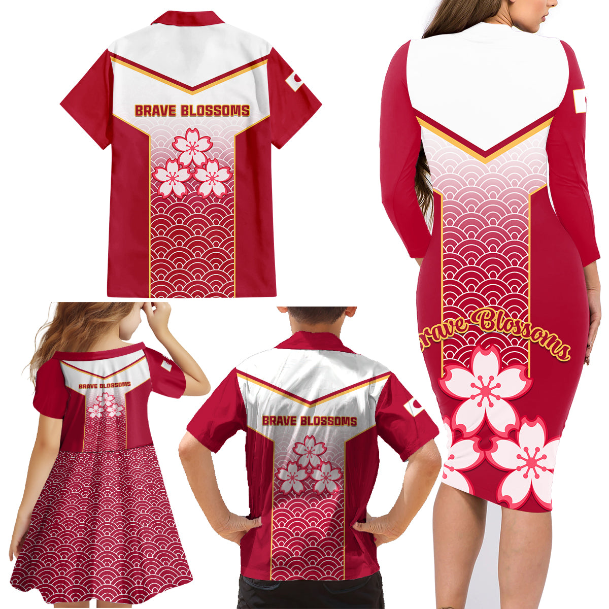 Japan Rugby Family Matching Long Sleeve Bodycon Dress and Hawaiian Shirt Brave Blossoms Japanese Motif Pattern - Wonder Print Shop