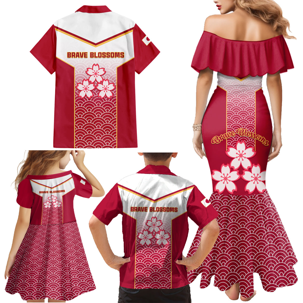 Japan Rugby Family Matching Mermaid Dress and Hawaiian Shirt Brave Blossoms Japanese Motif Pattern - Wonder Print Shop