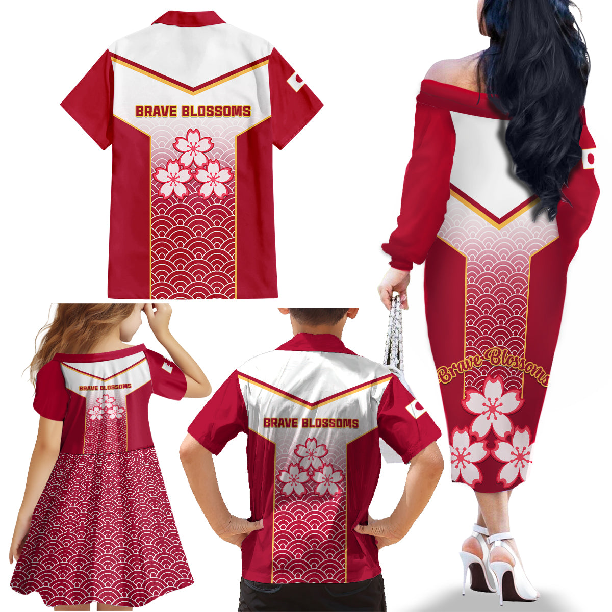 Japan Rugby Family Matching Off Shoulder Long Sleeve Dress and Hawaiian Shirt Brave Blossoms Japanese Motif Pattern - Wonder Print Shop