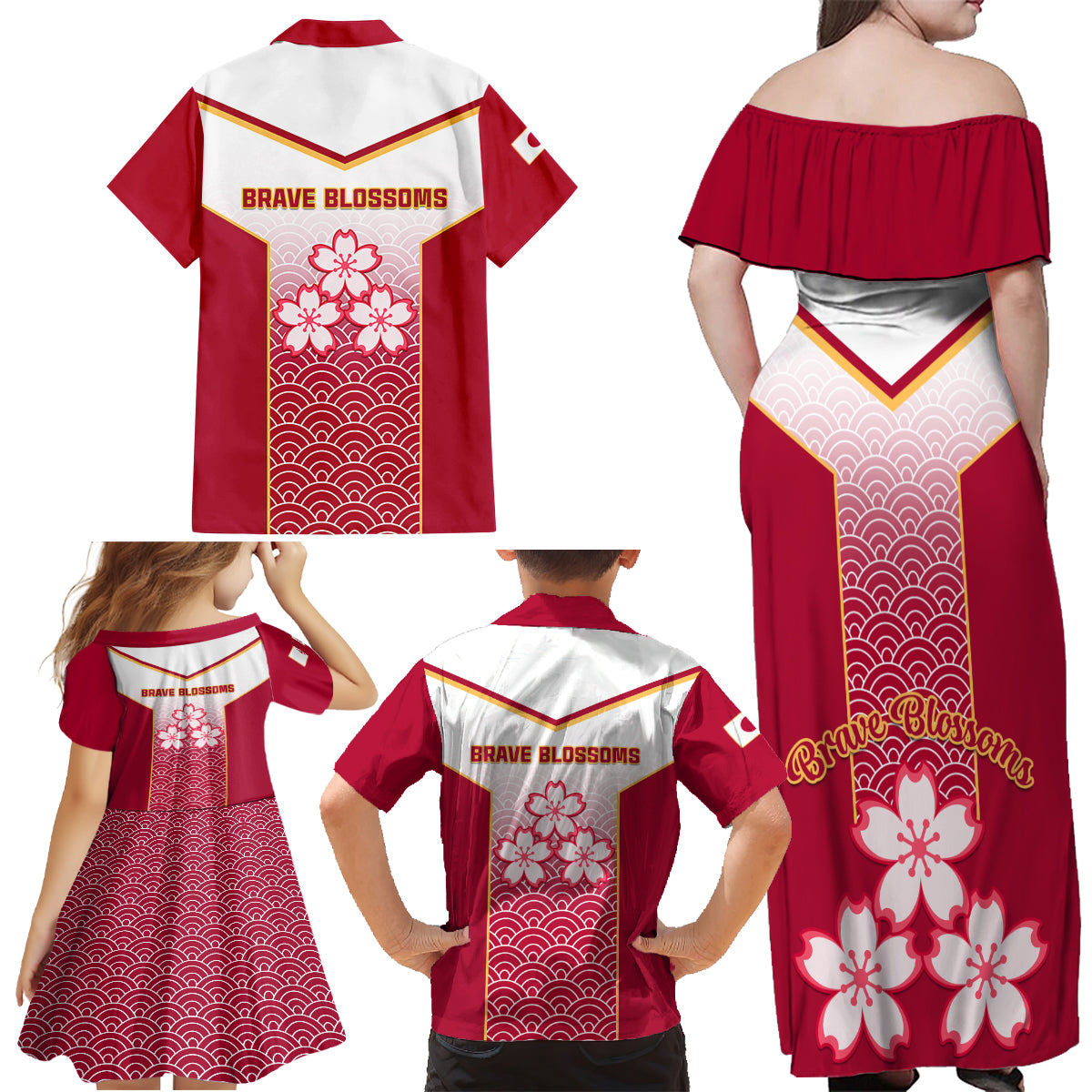 Japan Rugby Family Matching Off Shoulder Maxi Dress and Hawaiian Shirt Brave Blossoms Japanese Motif Pattern - Wonder Print Shop