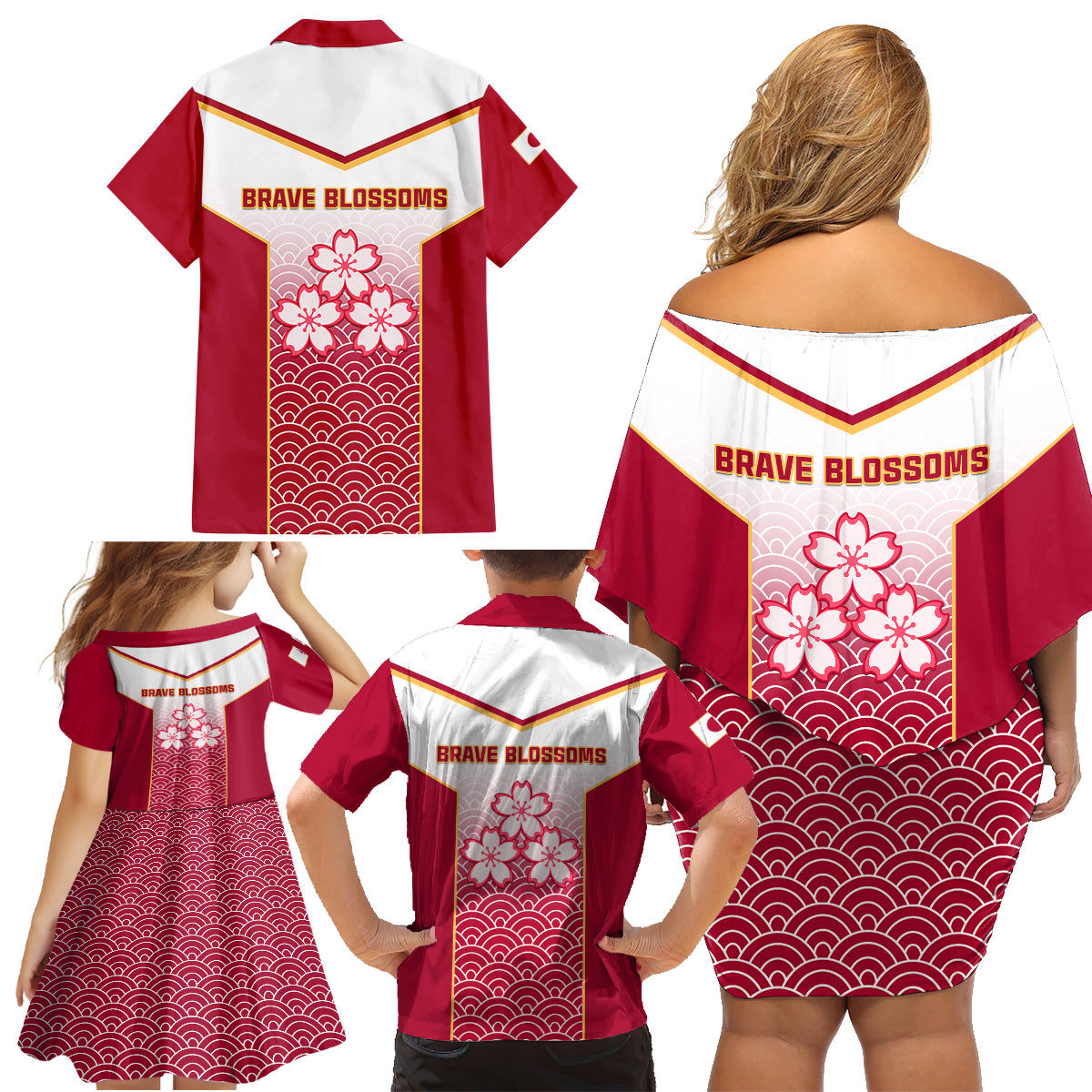 Japan Rugby Family Matching Off Shoulder Short Dress and Hawaiian Shirt Brave Blossoms Japanese Motif Pattern - Wonder Print Shop