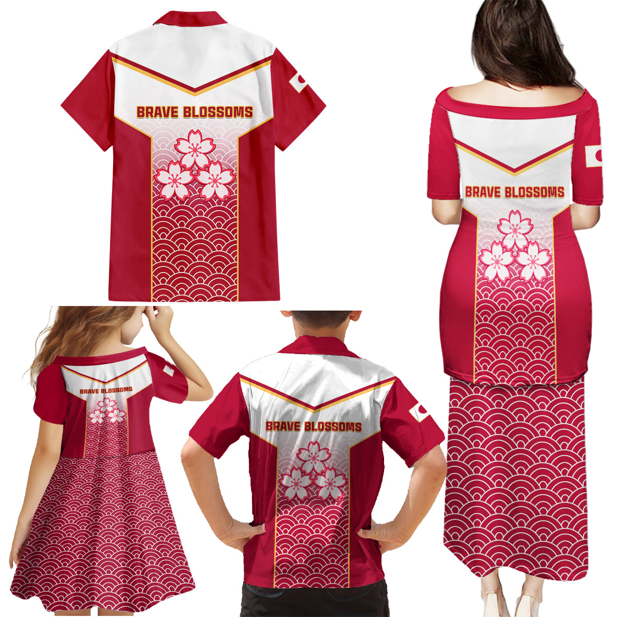 Japan Rugby Family Matching Puletasi Dress and Hawaiian Shirt Brave Blossoms Japanese Motif Pattern - Wonder Print Shop