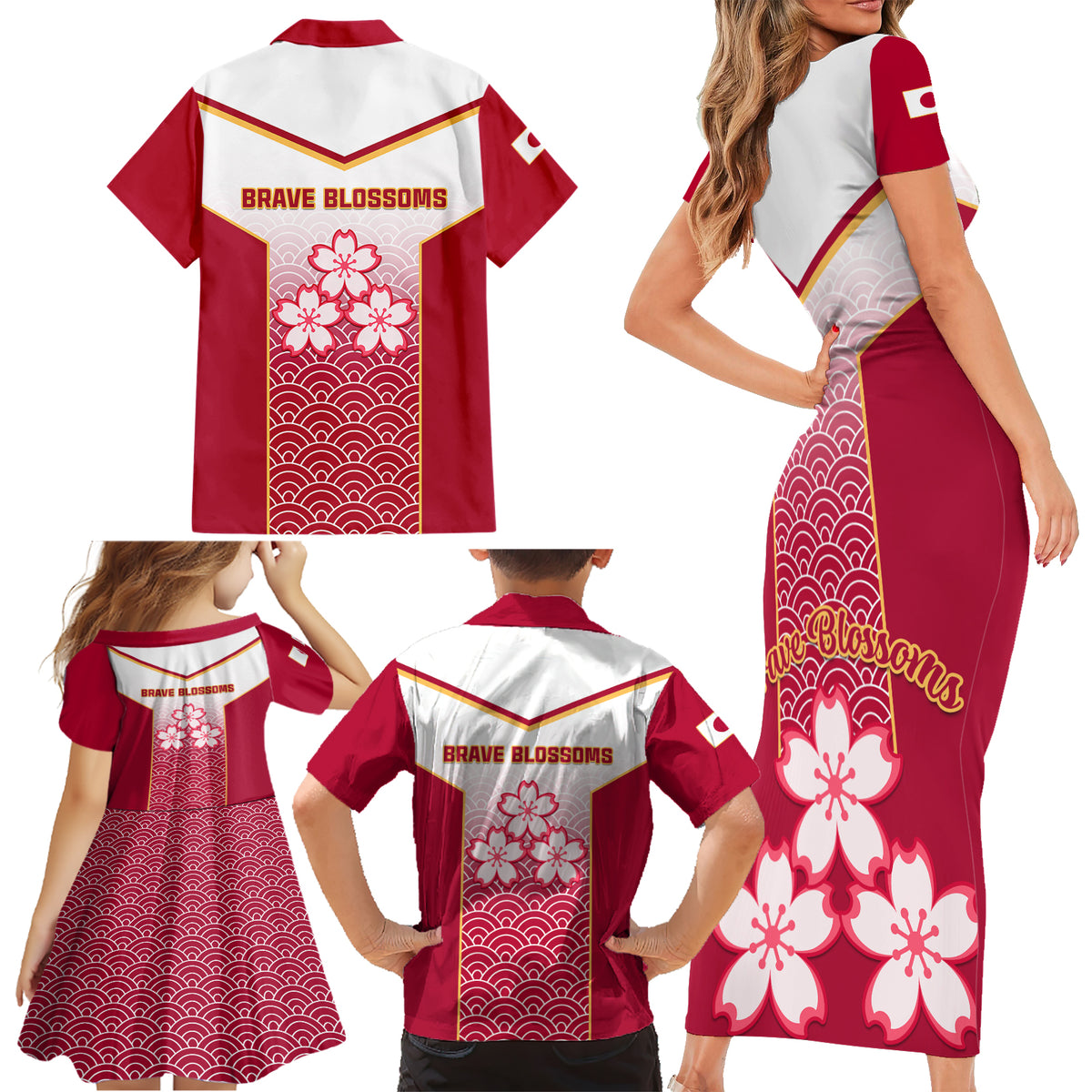 Japan Rugby Family Matching Short Sleeve Bodycon Dress and Hawaiian Shirt Brave Blossoms Japanese Motif Pattern - Wonder Print Shop