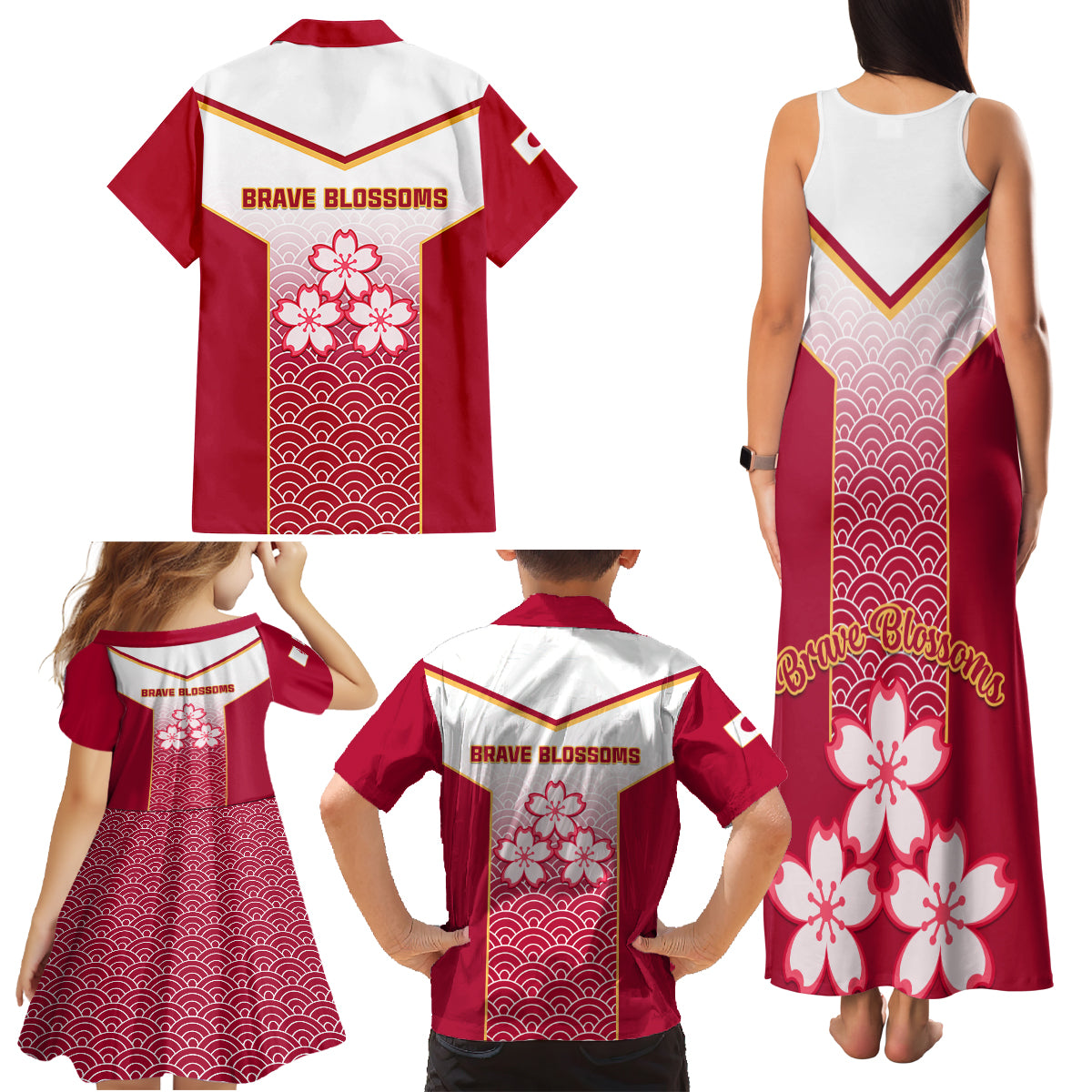 Japan Rugby Family Matching Tank Maxi Dress and Hawaiian Shirt Brave Blossoms Japanese Motif Pattern - Wonder Print Shop