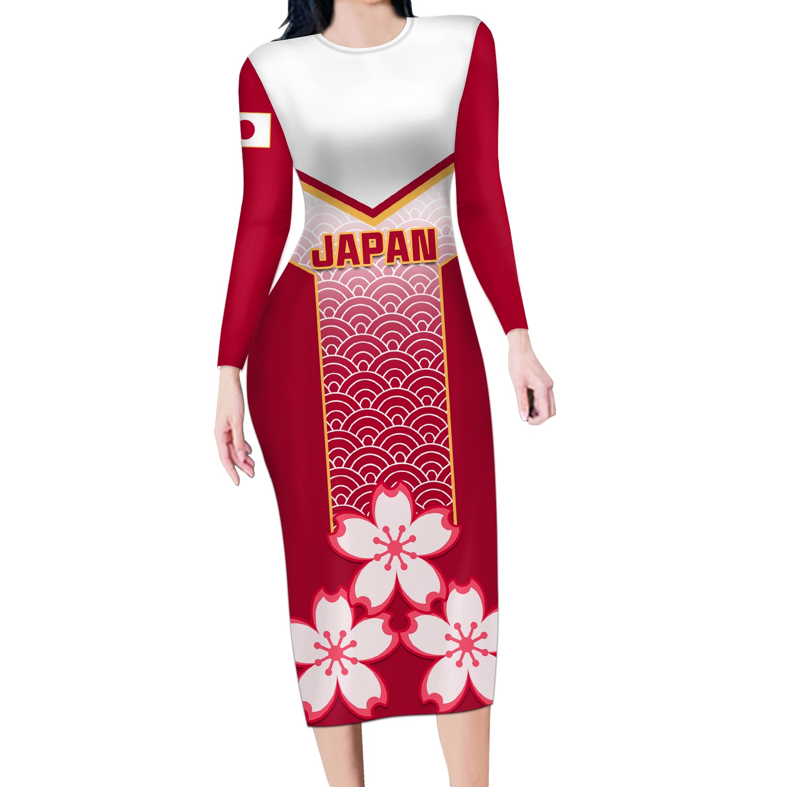 Japan Rugby Long Sleeve Bodycon Dress Brave Blossoms Japanese Motif Pattern - Wonder Print Shop