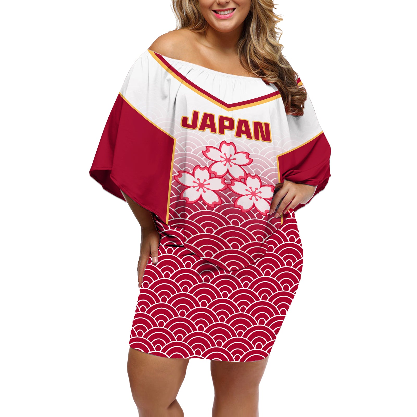 Japan Rugby Off Shoulder Short Dress Brave Blossoms Japanese Motif Pattern - Wonder Print Shop