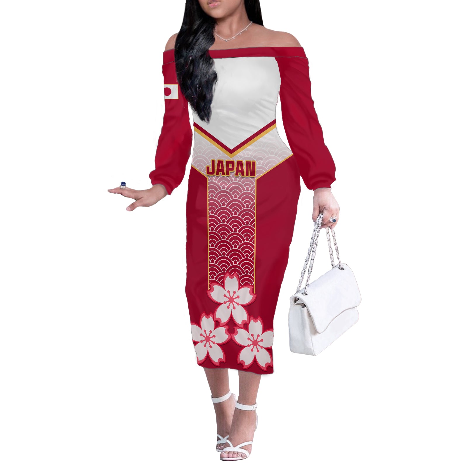 Japan Rugby Off The Shoulder Long Sleeve Dress Brave Blossoms Japanese Motif Pattern - Wonder Print Shop