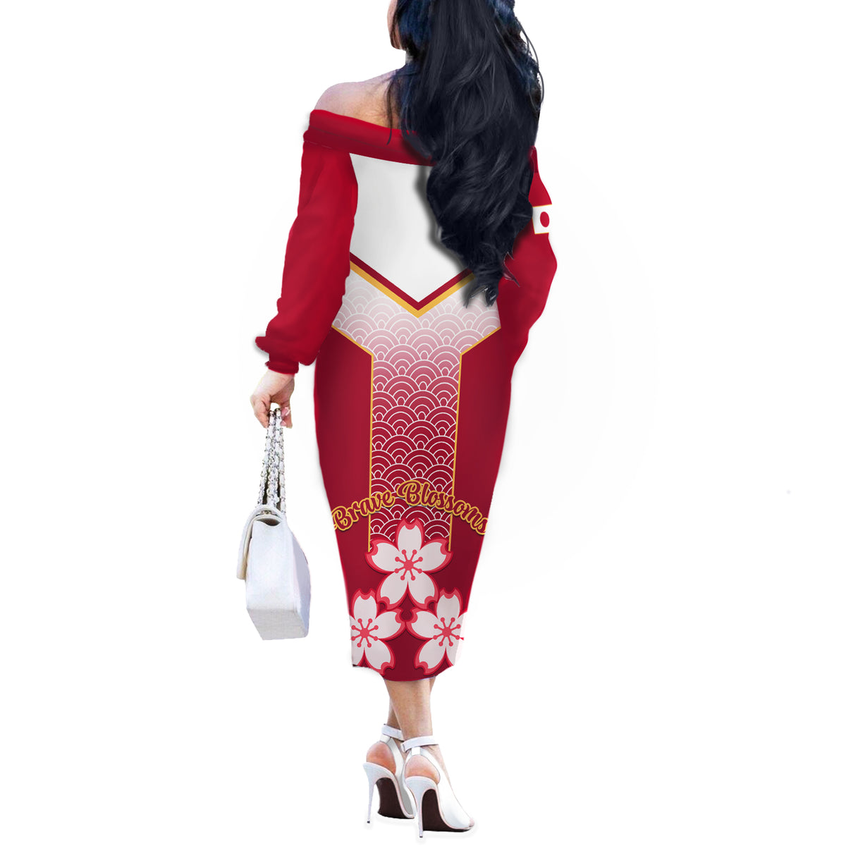 Japan Rugby Off The Shoulder Long Sleeve Dress Brave Blossoms Japanese Motif Pattern - Wonder Print Shop
