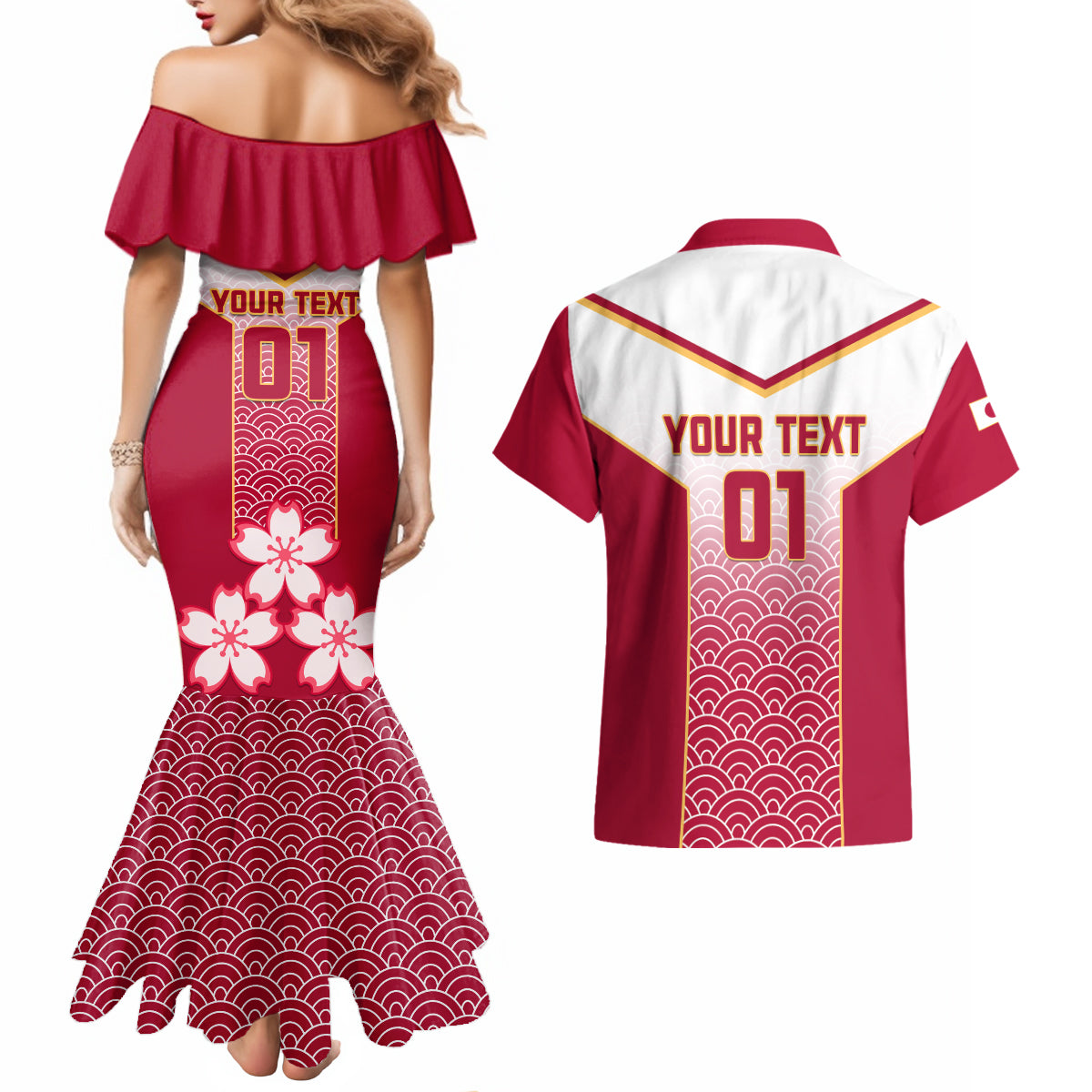 Custom Japan Rugby Couples Matching Mermaid Dress and Hawaiian Shirt Brave Blossoms Japanese Motif Pattern - Wonder Print Shop