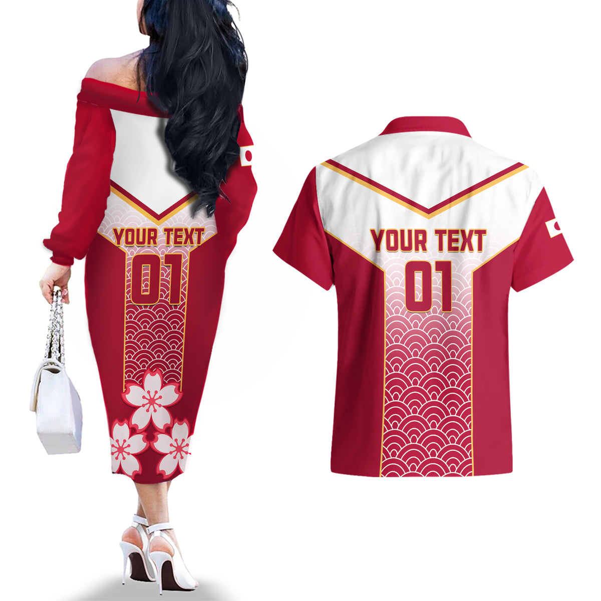 Custom Japan Rugby Couples Matching Off The Shoulder Long Sleeve Dress and Hawaiian Shirt Brave Blossoms Japanese Motif Pattern - Wonder Print Shop