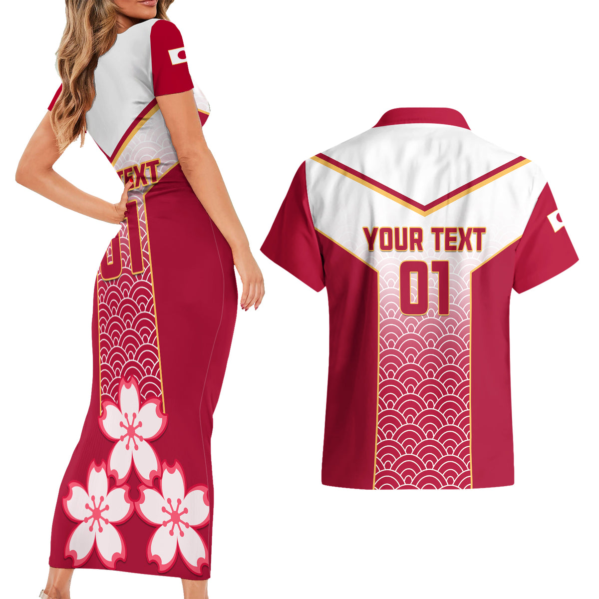 Custom Japan Rugby Couples Matching Short Sleeve Bodycon Dress and Hawaiian Shirt Brave Blossoms Japanese Motif Pattern - Wonder Print Shop