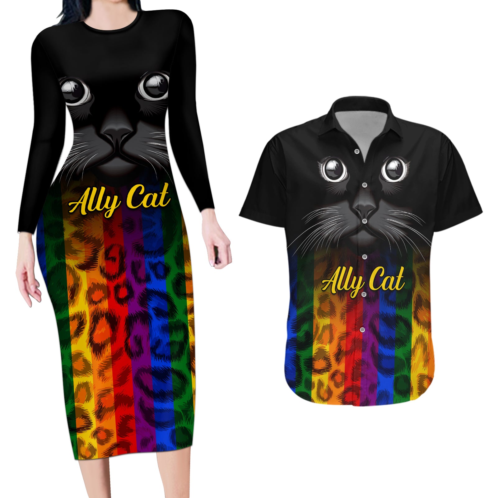 Personalised Ally Cat Couples Matching Long Sleeve Bodycon Dress and Hawaiian Shirt 2023 National Coming Out Day - Wonder Print Shop