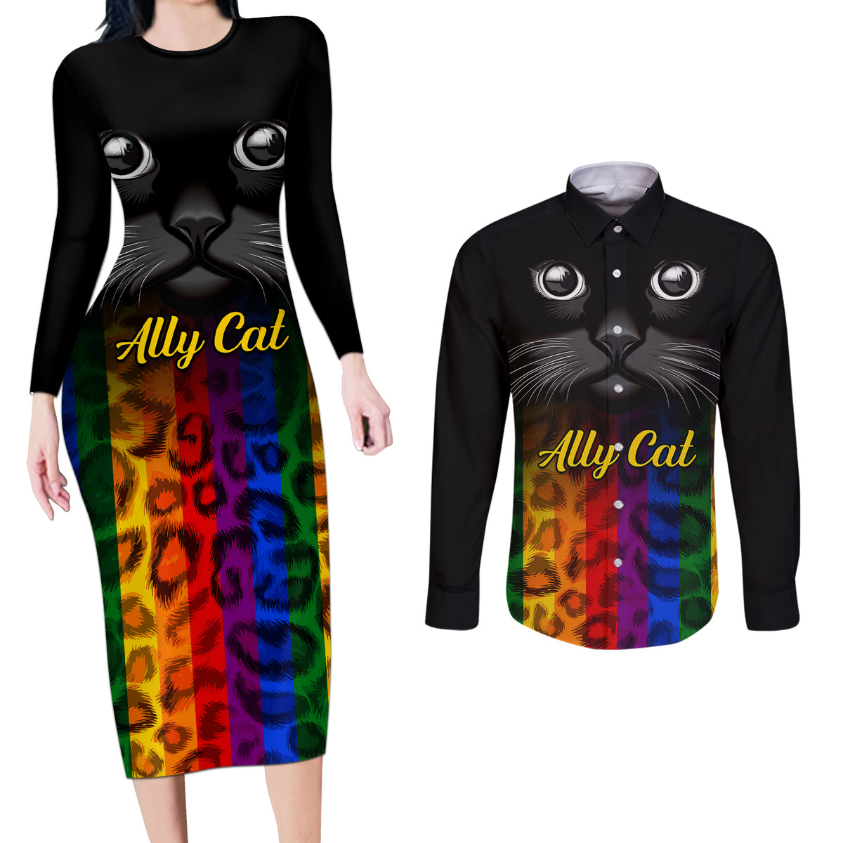 Personalised Ally Cat Couples Matching Long Sleeve Bodycon Dress and Long Sleeve Button Shirts 2023 National Coming Out Day - Wonder Print Shop