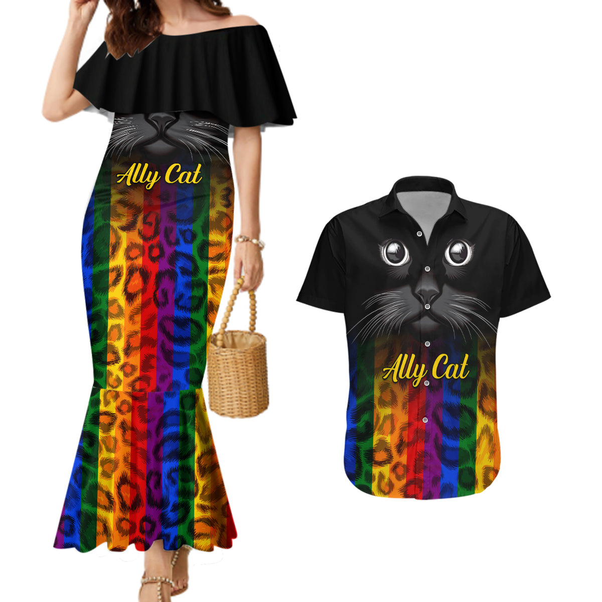 Personalised Ally Cat Couples Matching Mermaid Dress and Hawaiian Shirt 2023 National Coming Out Day - Wonder Print Shop