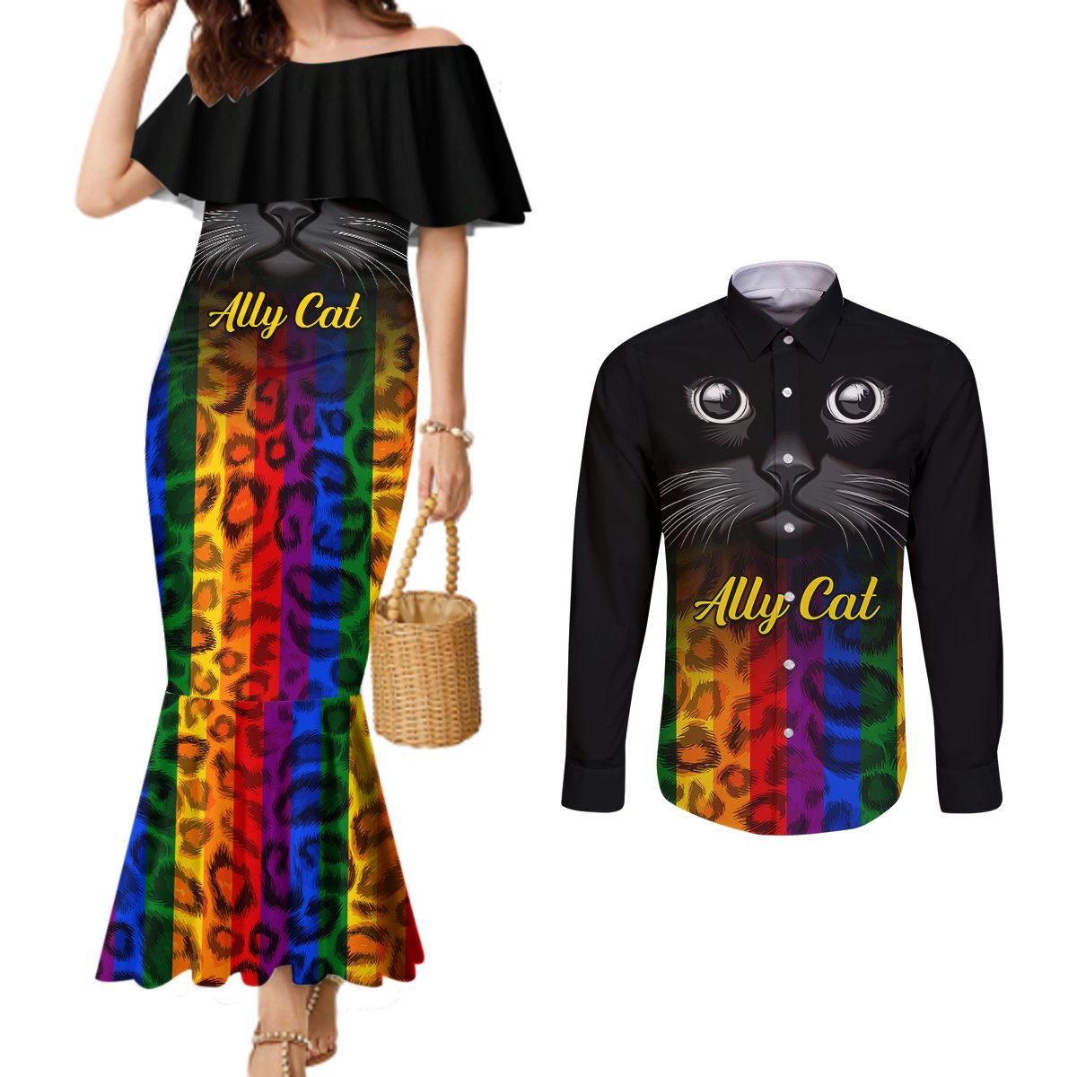 personalised-ally-cat-couples-matching-mermaid-dress-and-long-sleeve-button-shirts-2023-national-coming-out-day
