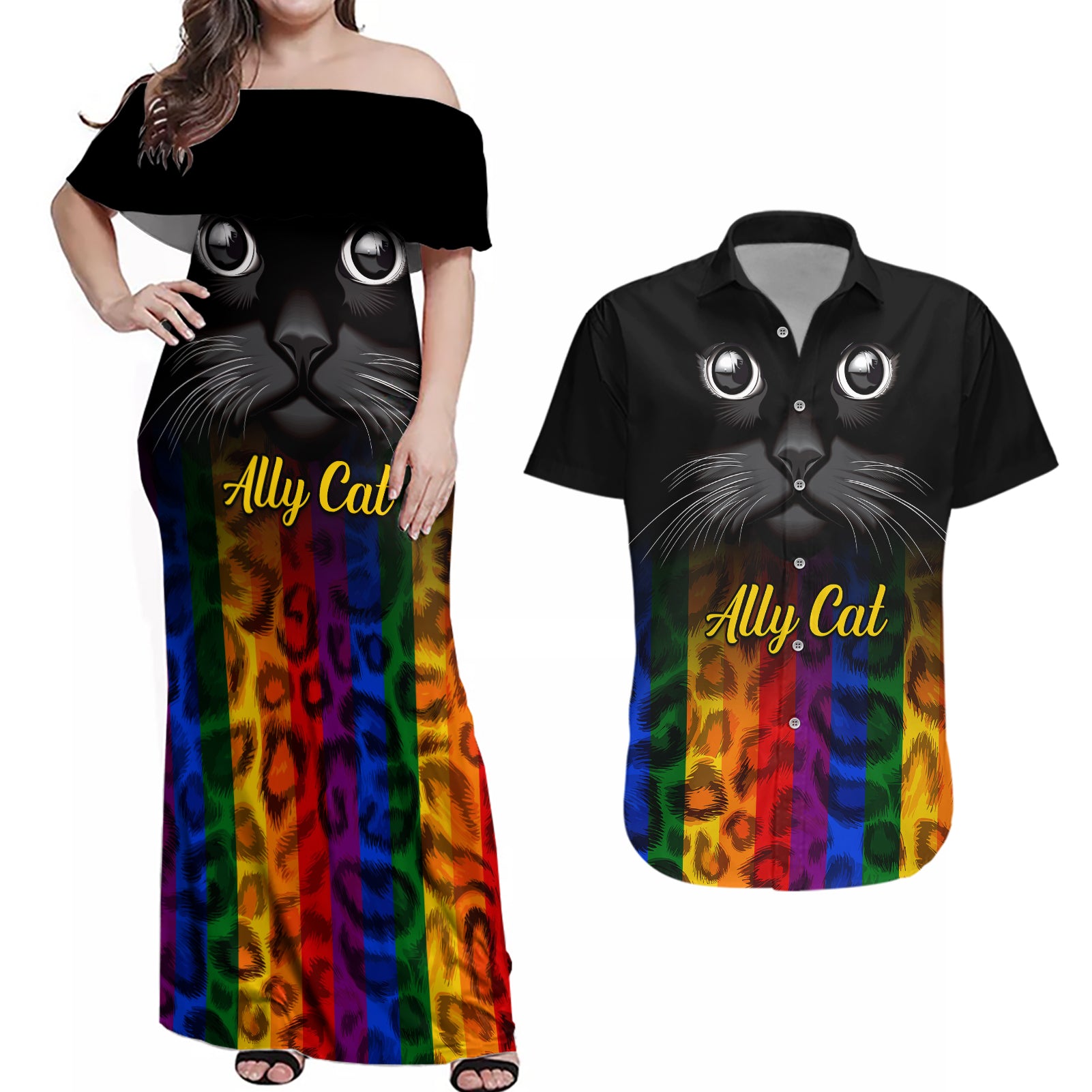 Personalised Ally Cat Couples Matching Off Shoulder Maxi Dress and Hawaiian Shirt 2023 National Coming Out Day - Wonder Print Shop