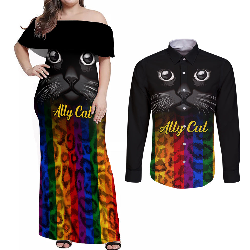 Personalised Ally Cat Couples Matching Off Shoulder Maxi Dress and Long Sleeve Button Shirts 2023 National Coming Out Day - Wonder Print Shop