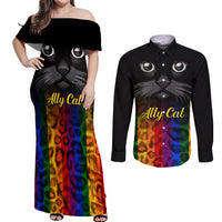 Personalised Ally Cat Couples Matching Off Shoulder Maxi Dress and Long Sleeve Button Shirts 2023 National Coming Out Day - Wonder Print Shop