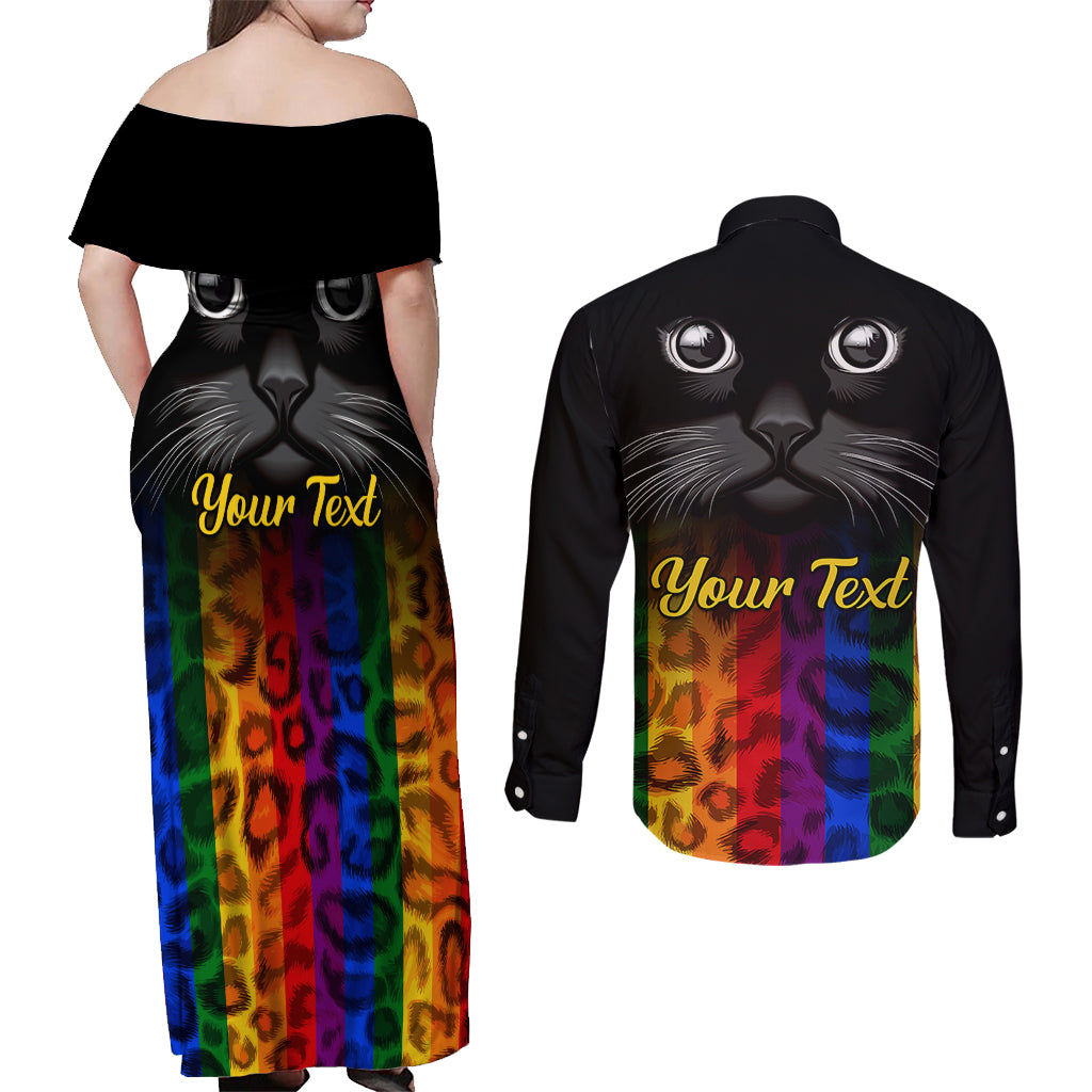 Personalised Ally Cat Couples Matching Off Shoulder Maxi Dress and Long Sleeve Button Shirts 2023 National Coming Out Day - Wonder Print Shop