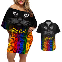 Personalised Ally Cat Couples Matching Off Shoulder Short Dress and Hawaiian Shirt 2023 National Coming Out Day - Wonder Print Shop