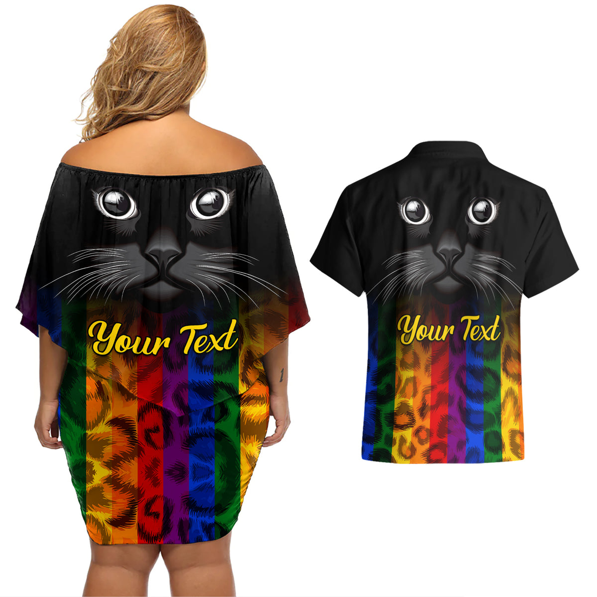 Personalised Ally Cat Couples Matching Off Shoulder Short Dress and Hawaiian Shirt 2023 National Coming Out Day - Wonder Print Shop