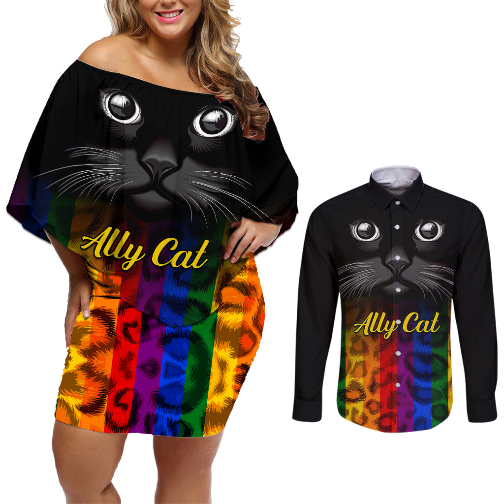 Personalised Ally Cat Couples Matching Off Shoulder Short Dress and Long Sleeve Button Shirts 2023 National Coming Out Day - Wonder Print Shop