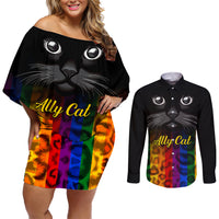 Personalised Ally Cat Couples Matching Off Shoulder Short Dress and Long Sleeve Button Shirts 2023 National Coming Out Day - Wonder Print Shop
