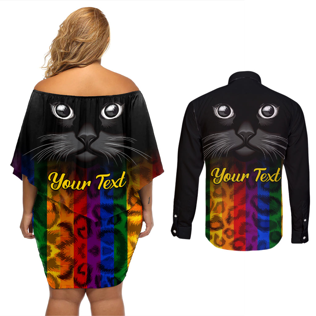 Personalised Ally Cat Couples Matching Off Shoulder Short Dress and Long Sleeve Button Shirts 2023 National Coming Out Day - Wonder Print Shop