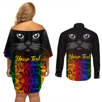 Personalised Ally Cat Couples Matching Off Shoulder Short Dress and Long Sleeve Button Shirts 2023 National Coming Out Day - Wonder Print Shop