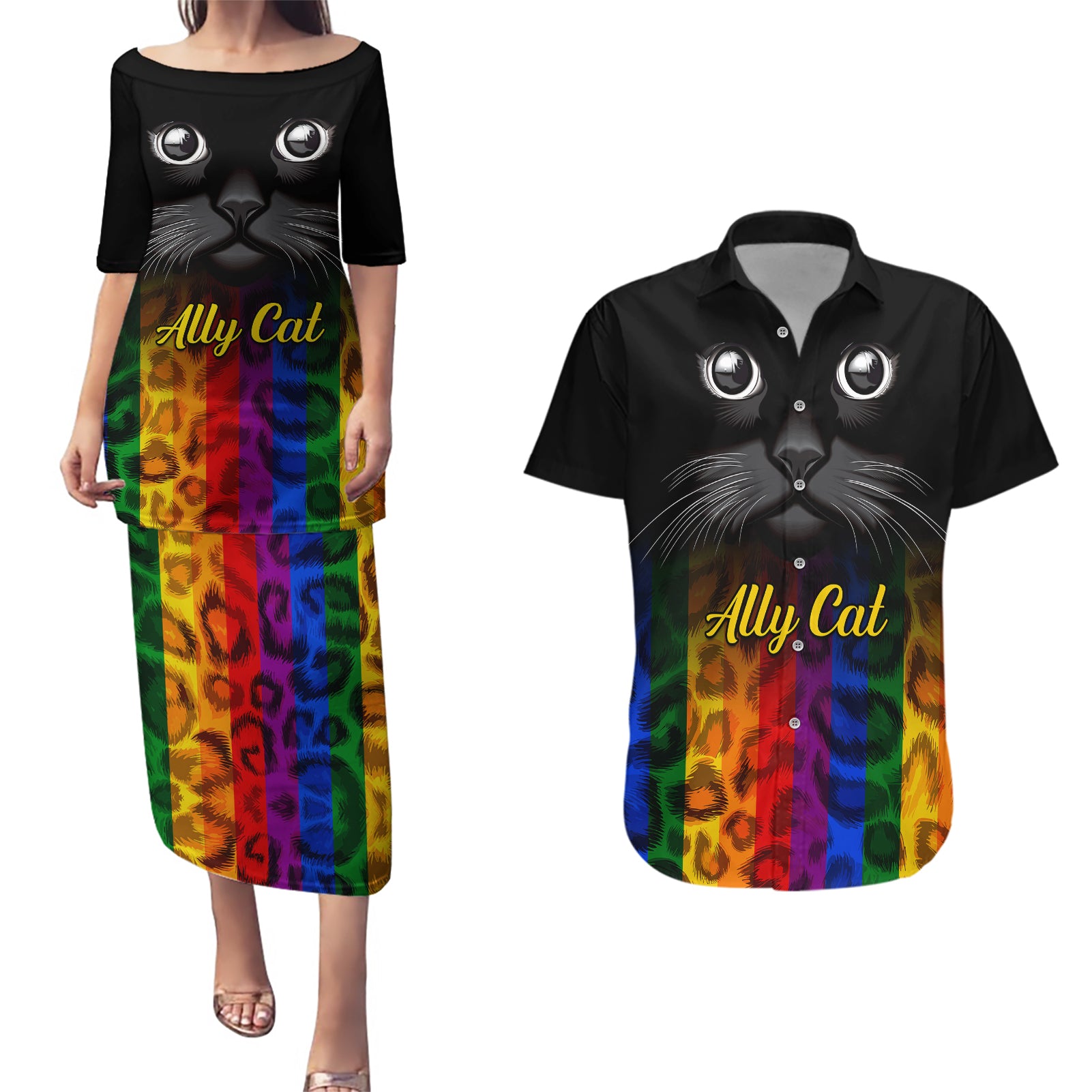Personalised Ally Cat Couples Matching Puletasi Dress and Hawaiian Shirt 2023 National Coming Out Day - Wonder Print Shop