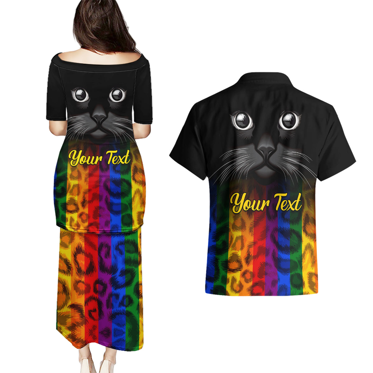 Personalised Ally Cat Couples Matching Puletasi Dress and Hawaiian Shirt 2023 National Coming Out Day - Wonder Print Shop