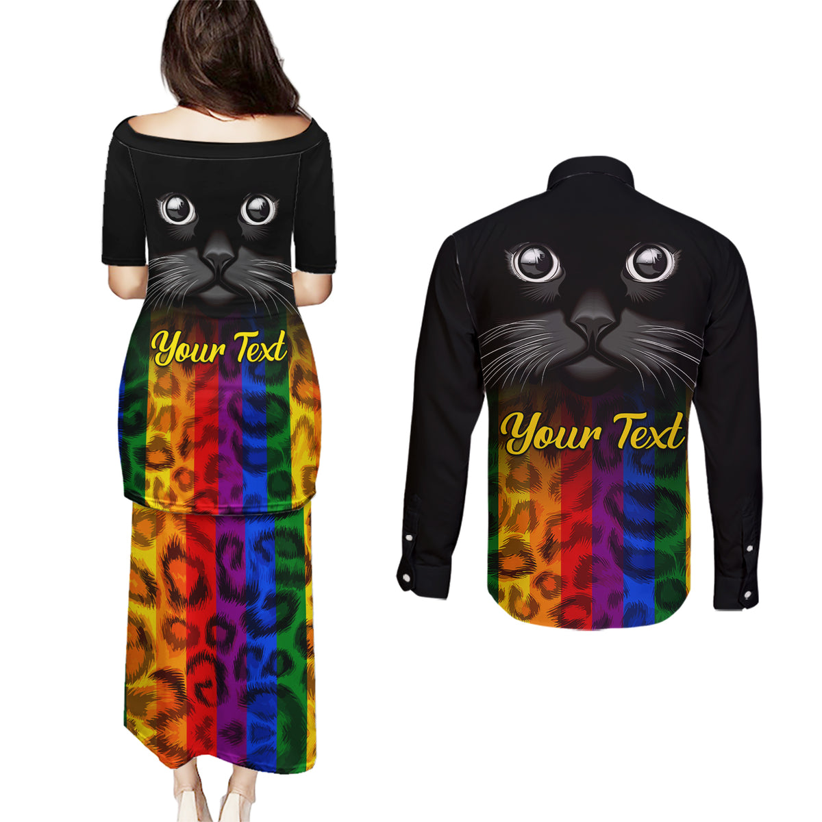 Personalised Ally Cat Couples Matching Puletasi Dress and Long Sleeve Button Shirts 2023 National Coming Out Day - Wonder Print Shop