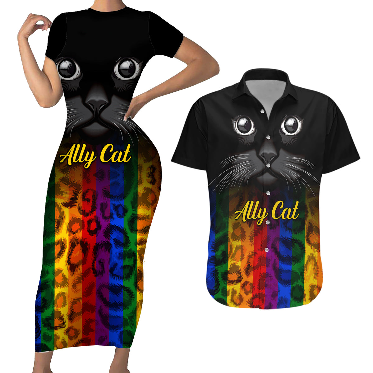Personalised Ally Cat Couples Matching Short Sleeve Bodycon Dress and Hawaiian Shirt 2023 National Coming Out Day - Wonder Print Shop