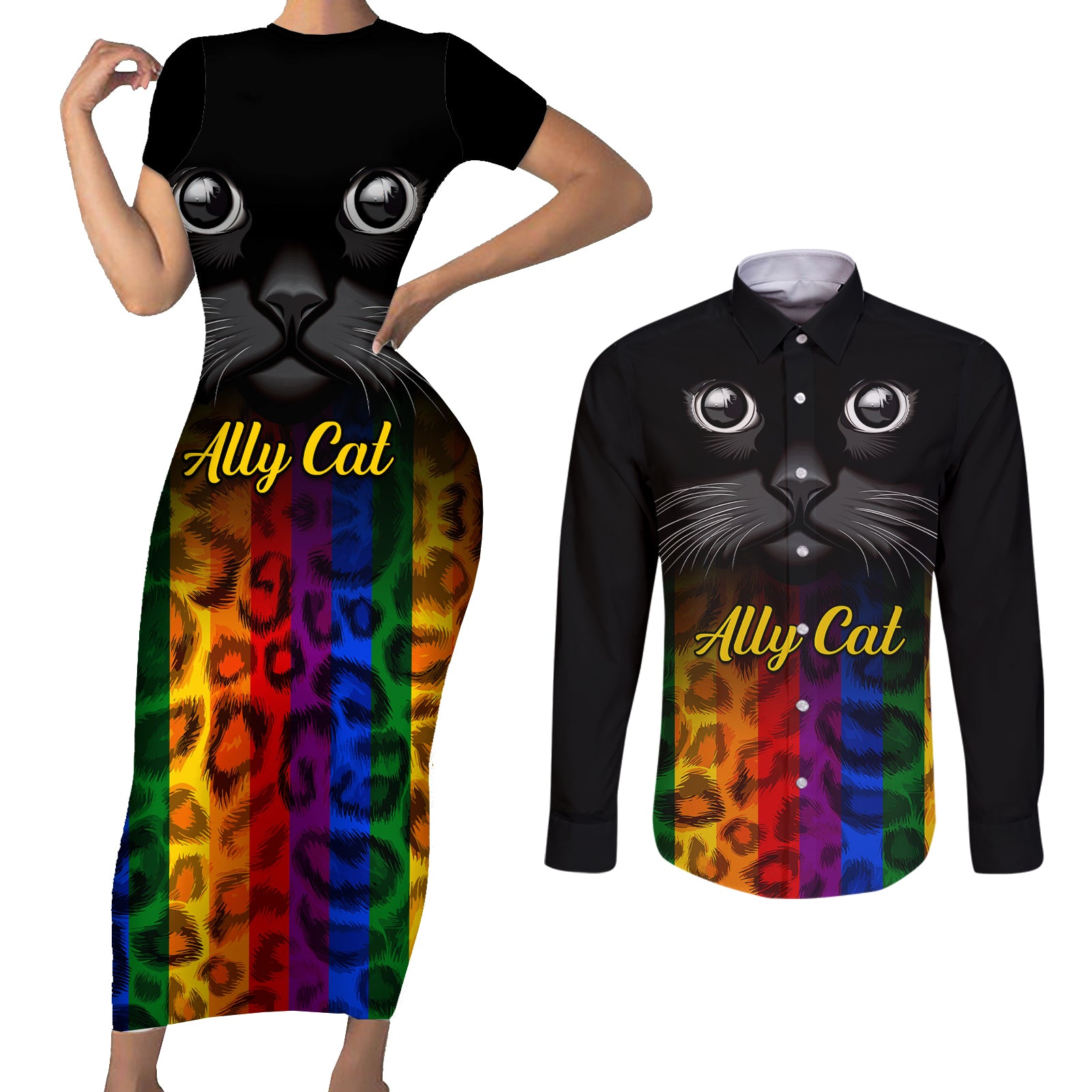 Personalised Ally Cat Couples Matching Short Sleeve Bodycon Dress and Long Sleeve Button Shirts 2023 National Coming Out Day - Wonder Print Shop
