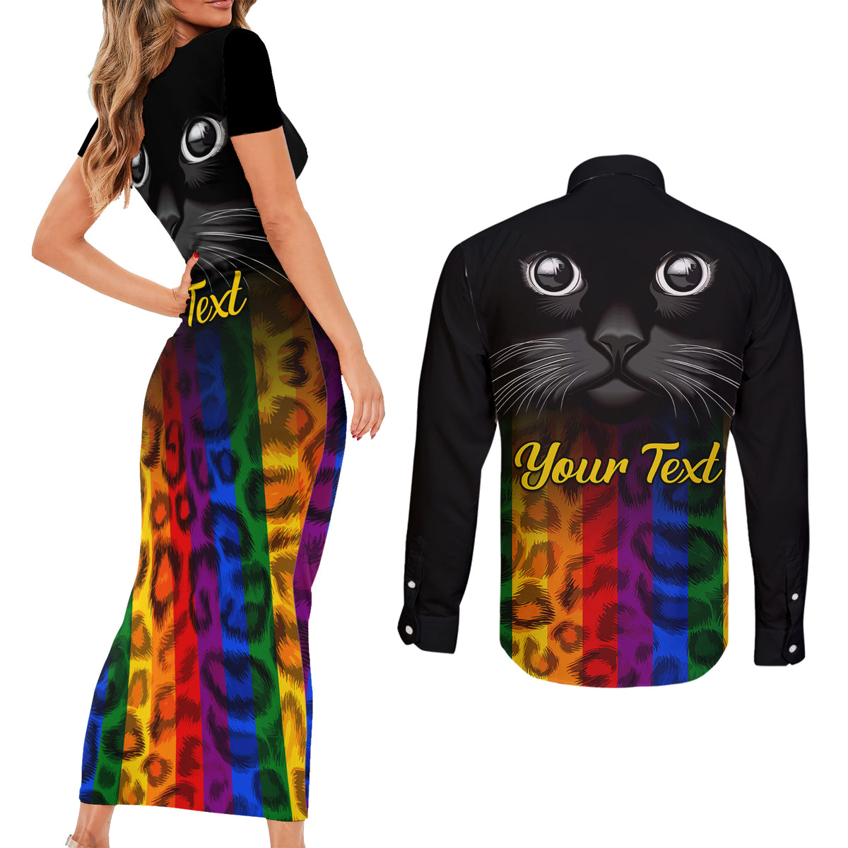Personalised Ally Cat Couples Matching Short Sleeve Bodycon Dress and Long Sleeve Button Shirts 2023 National Coming Out Day - Wonder Print Shop
