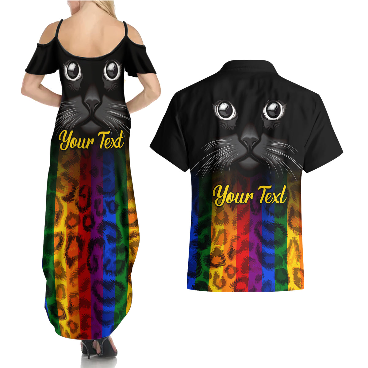 Personalised Ally Cat Couples Matching Summer Maxi Dress and Hawaiian Shirt 2023 National Coming Out Day - Wonder Print Shop